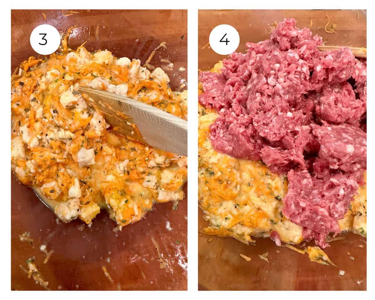 Liquid meatloaf ingredients being stirred with carrots in a bowl and with uncooked meat added on top.