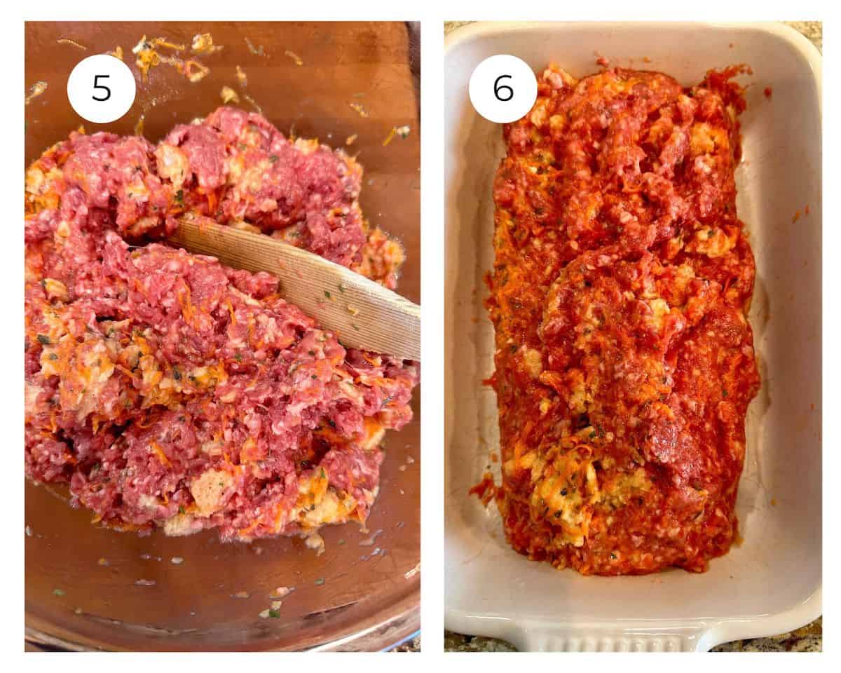 Uncooked meatloaf ingredients in a bowl with a wooden spoon next to a photo showing the uncooked meatloaf shaped and in a baking dish.