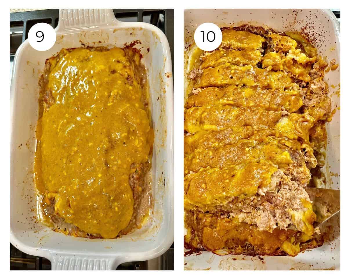 Mustard glaze spread on top of meatloaf in a pan next to a photo showing the cooked meatloaf.