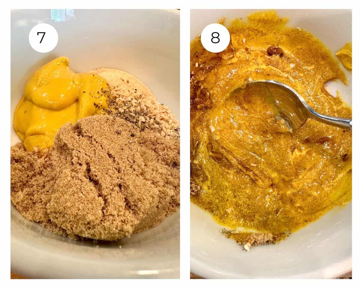 Mustard glaze ingredients in a bowl and mustard glaze ingredients stirred together.