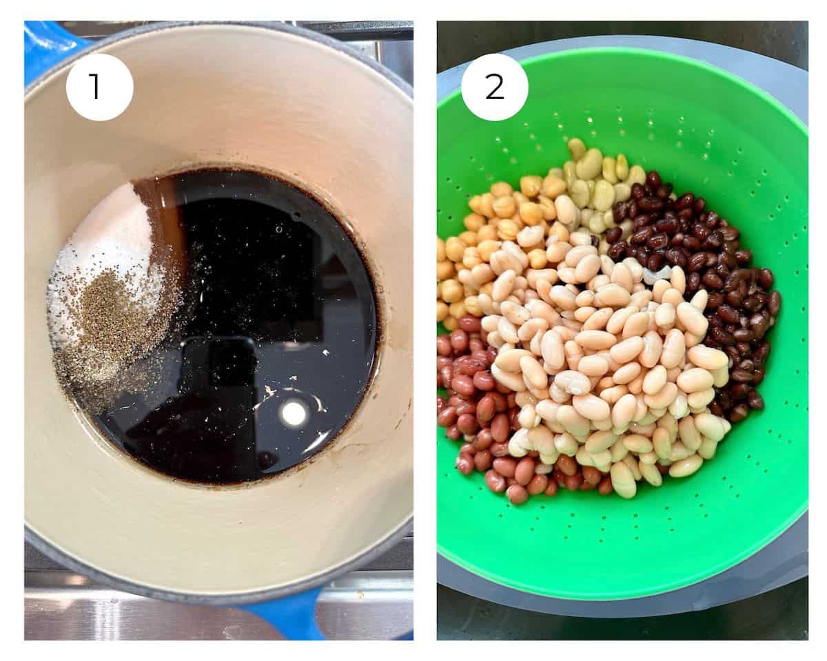 A saucepan with balsamic vinegar, sugar and spices on the stove, next to a photo of the beans draining in a strainer over the sink.