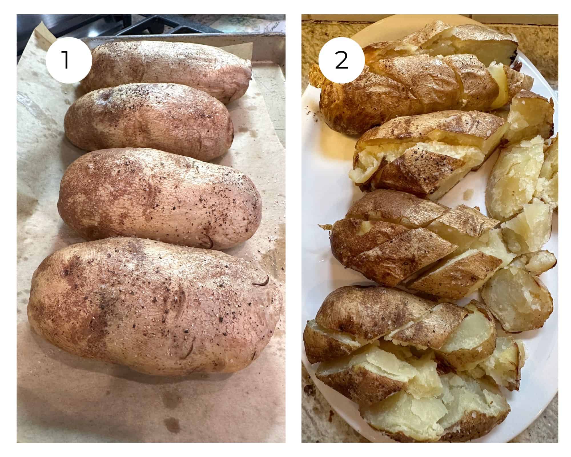 A baking sheet with four baked potatoes, and a plate with the same potatoes sliced into wedges.