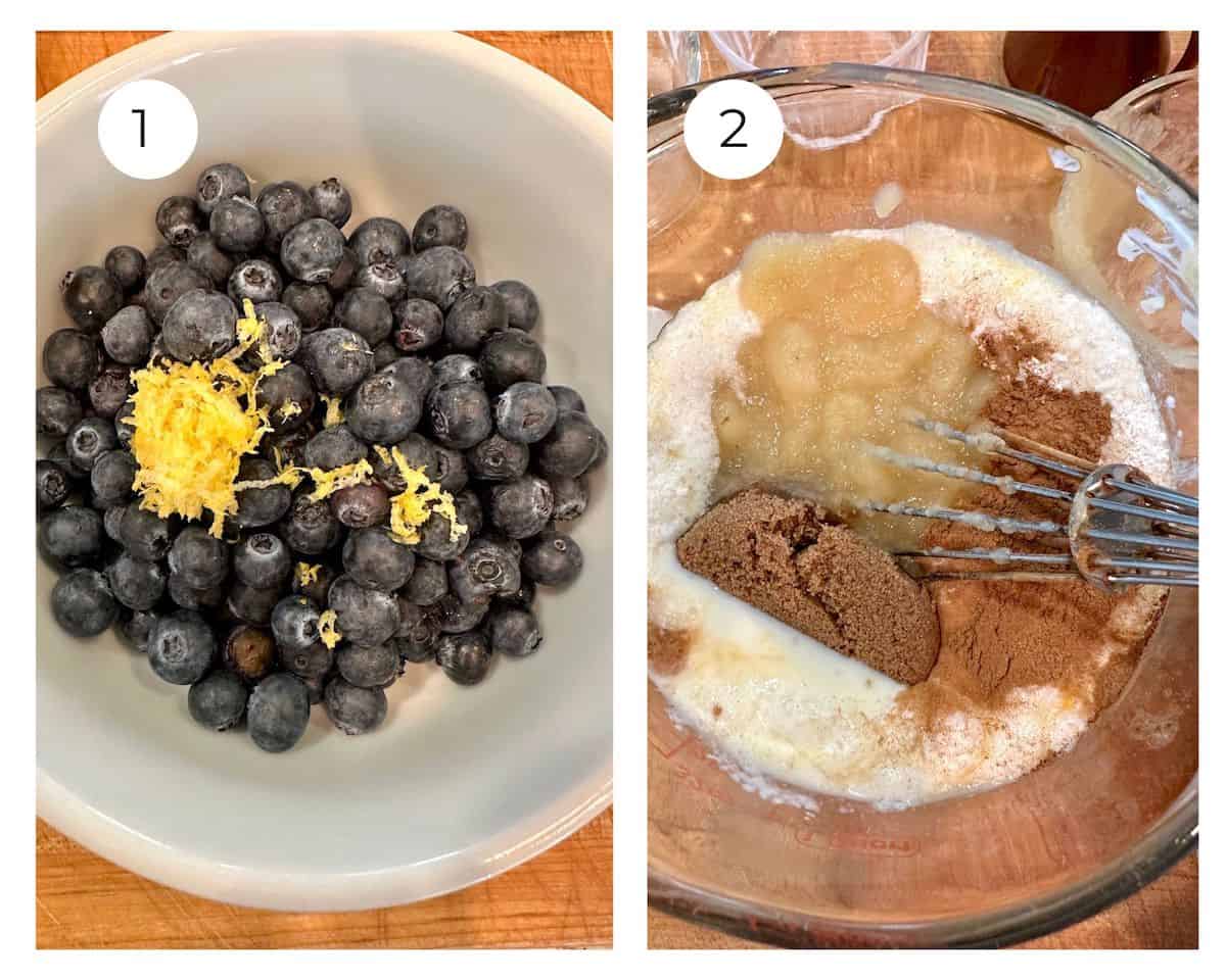 Fresh blueberries with lemon zest on top and a small bowl with liquid ingredients and a whisk.