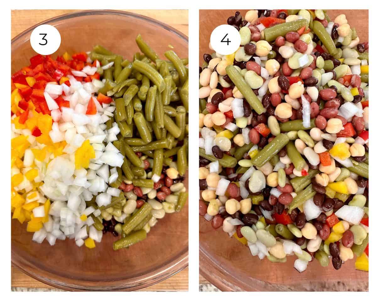 A bowl of diced onions and peppers on top of the beans in a bowl, next to a bowl with all the ingredients blended.