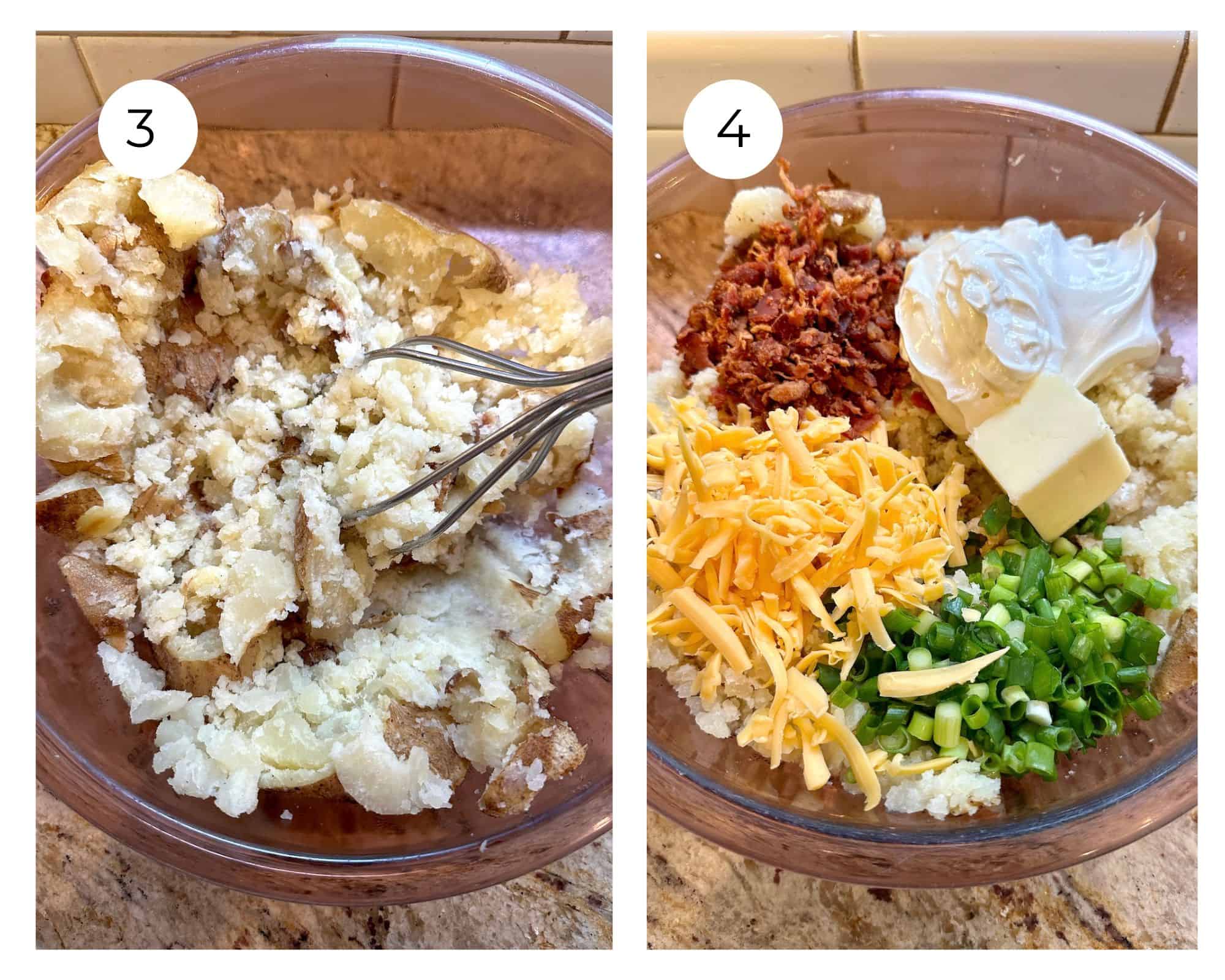 Mashed baked potatoes and a photo with additional ingredients layered on top in a large bowl.
