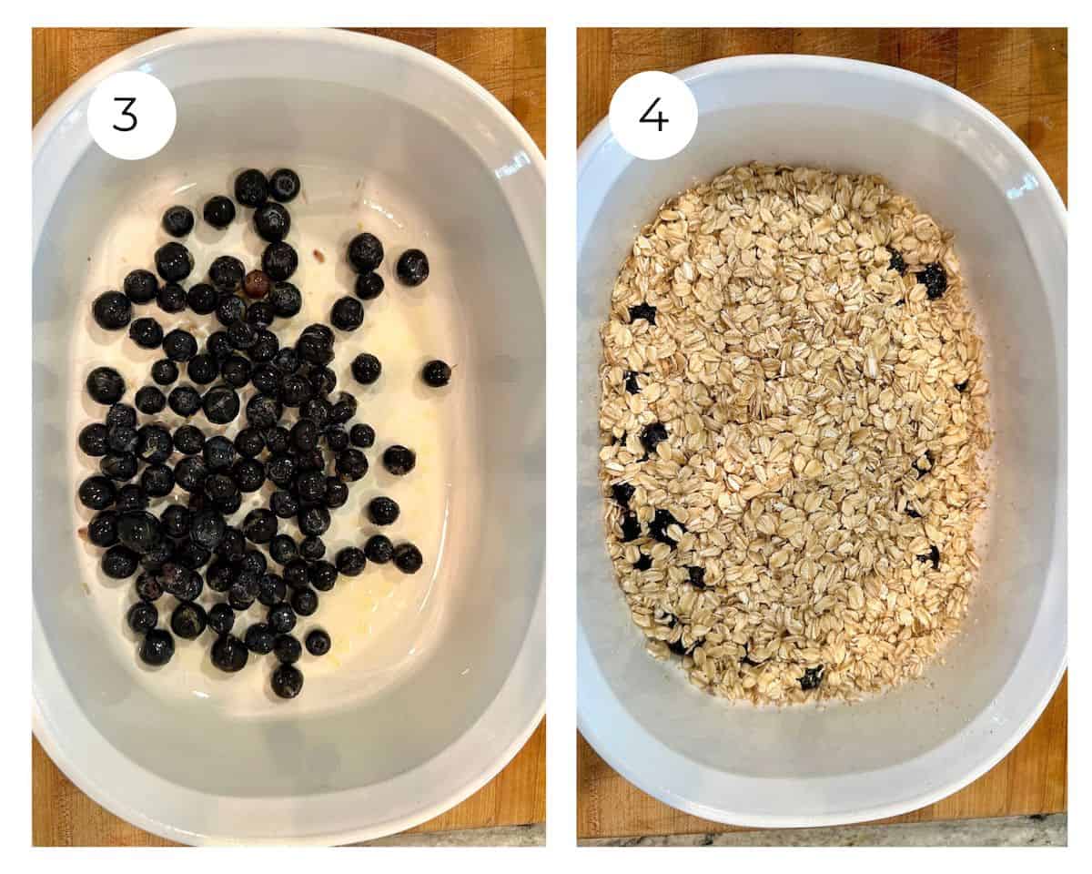 Blueberries in a baking dish and another dish with oatmeal on top.