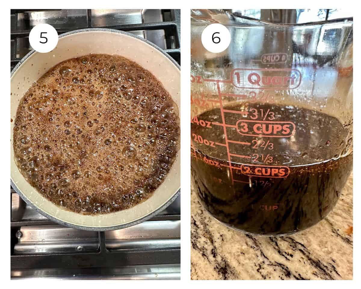 Balsamic sauce in a saucepan on the stove with bubbles on top, next to a photo with the sauce in a measuring cup.