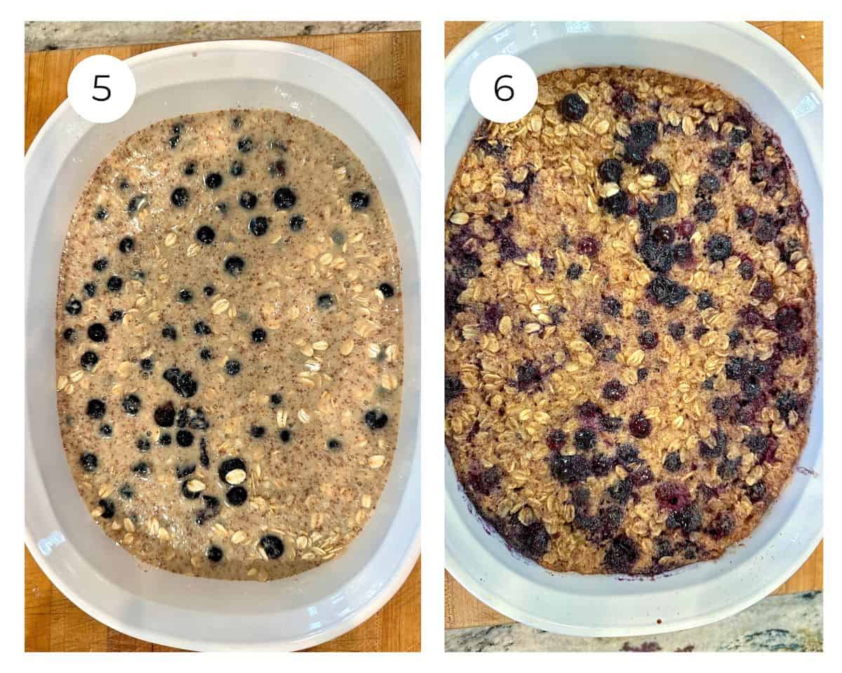 Blueberry oatmeal side by side, one unbaked other baked.