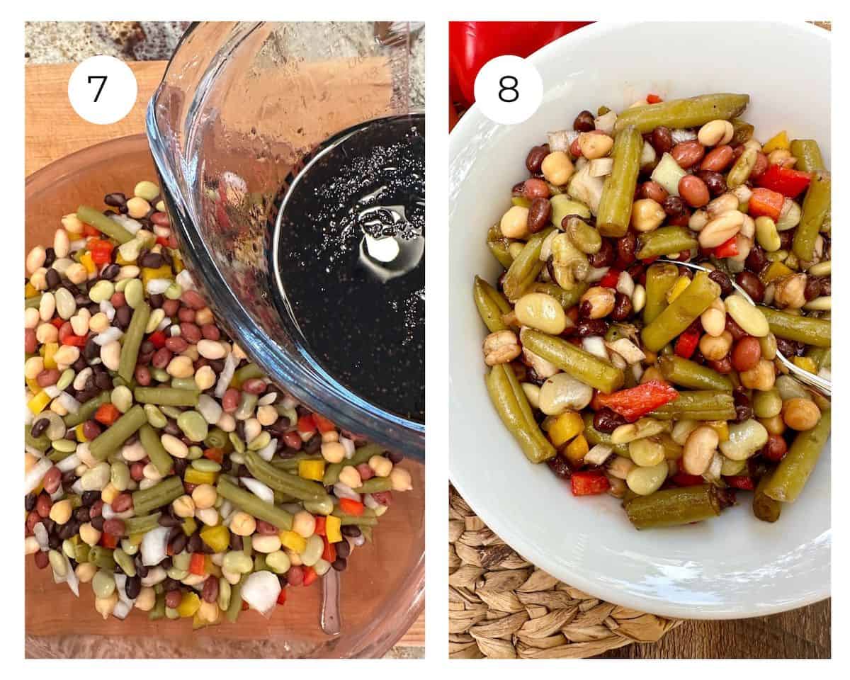 Bean salad ingredients in a bowl with a cup of balsamic sauce nearby, next to a bowl showing the finished salad.