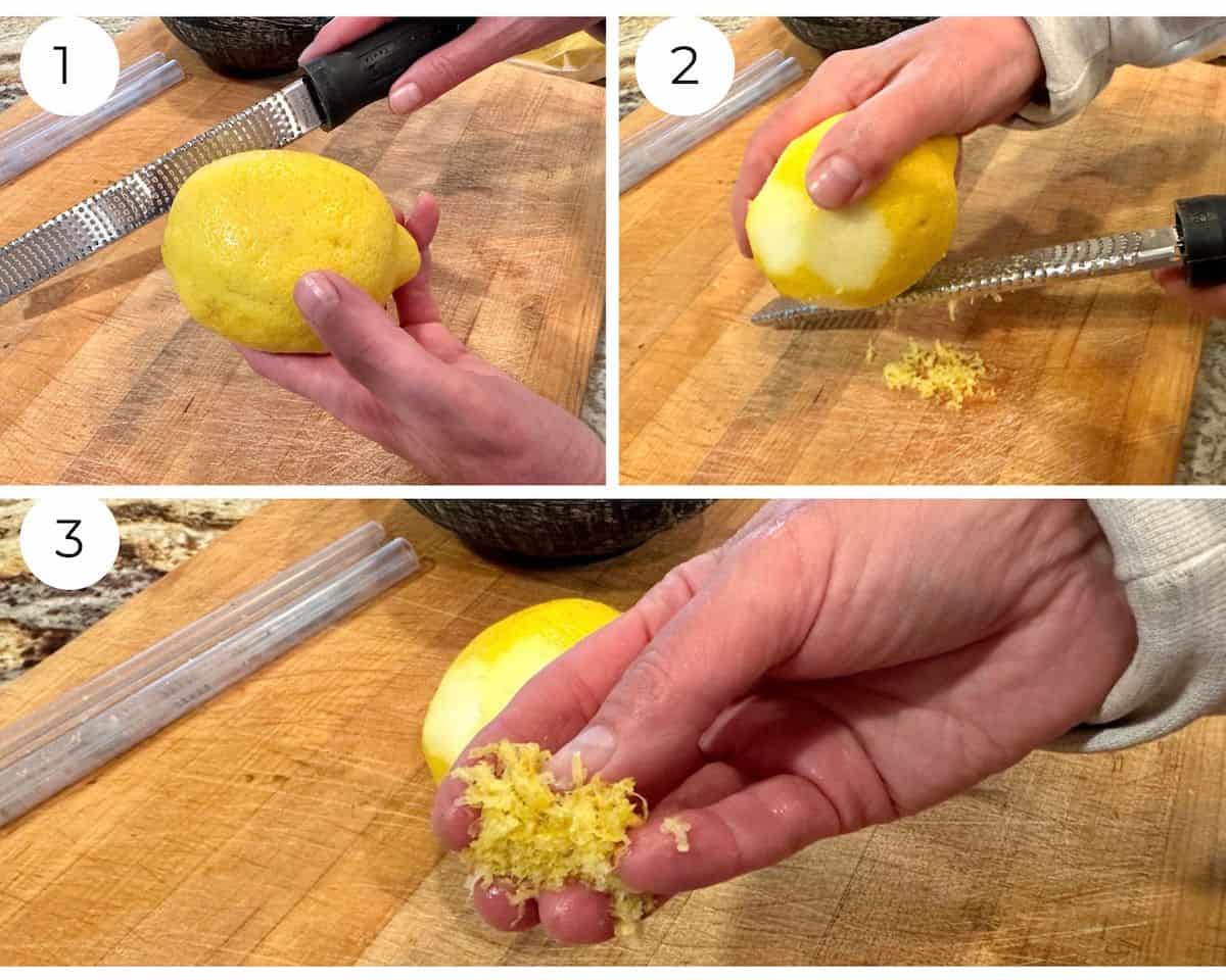 A collage of photos showing how to remove the peel from a lemon to create zest.