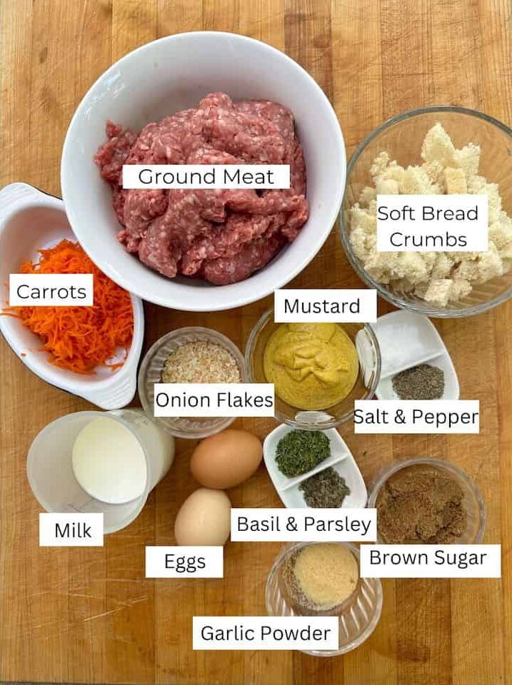 Ingredients for No Ketchup meatloaf on a cutting board, each with a label identifying the ingredient.