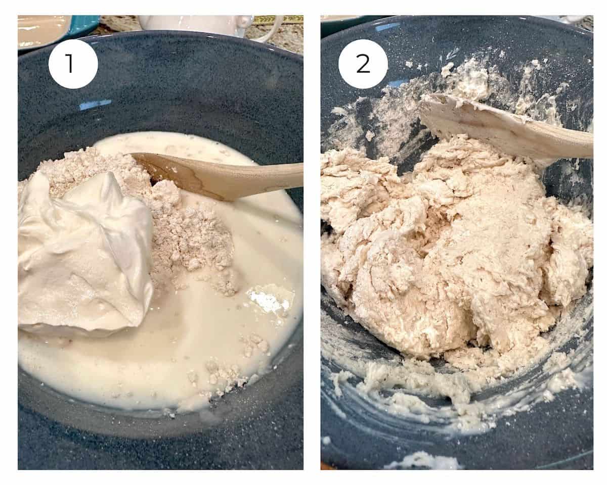 Biscuit ingredients in a bowl, and the dough blended together.