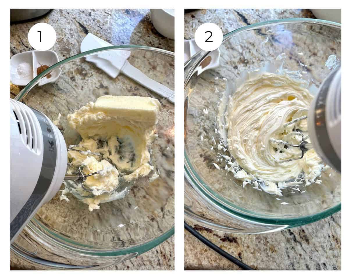 Softened butter in a bowl being whipped by a hand mixer.