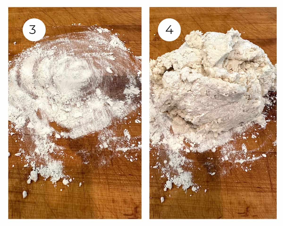 Baking mix spread on a cutting board and a mound of unbaked biscuit dough on top.