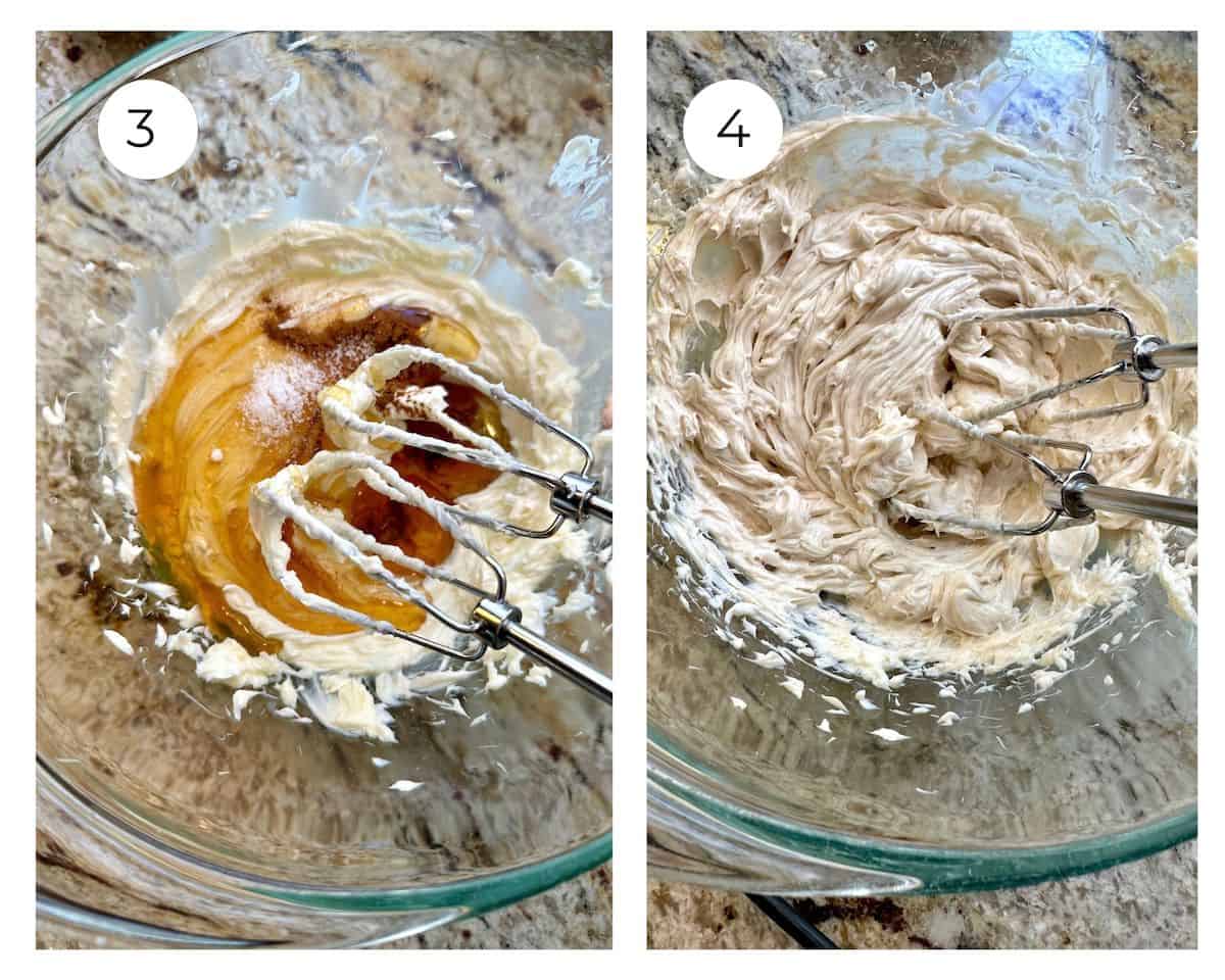 Whipped butter in a small bowl with small whisks blending honey, cinnamon and salt.