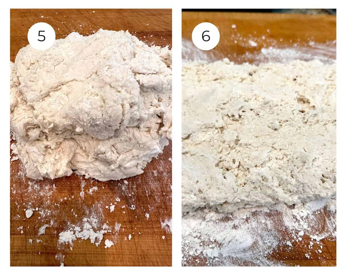 Biscuit dough on a wooden cutting board, then flattened.