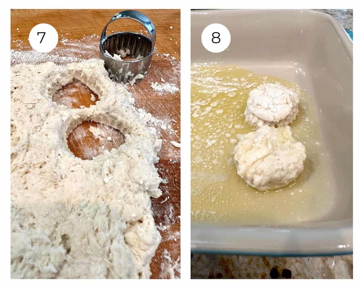 Dough cut into shapes, then placed in melted butter in a baking dish.