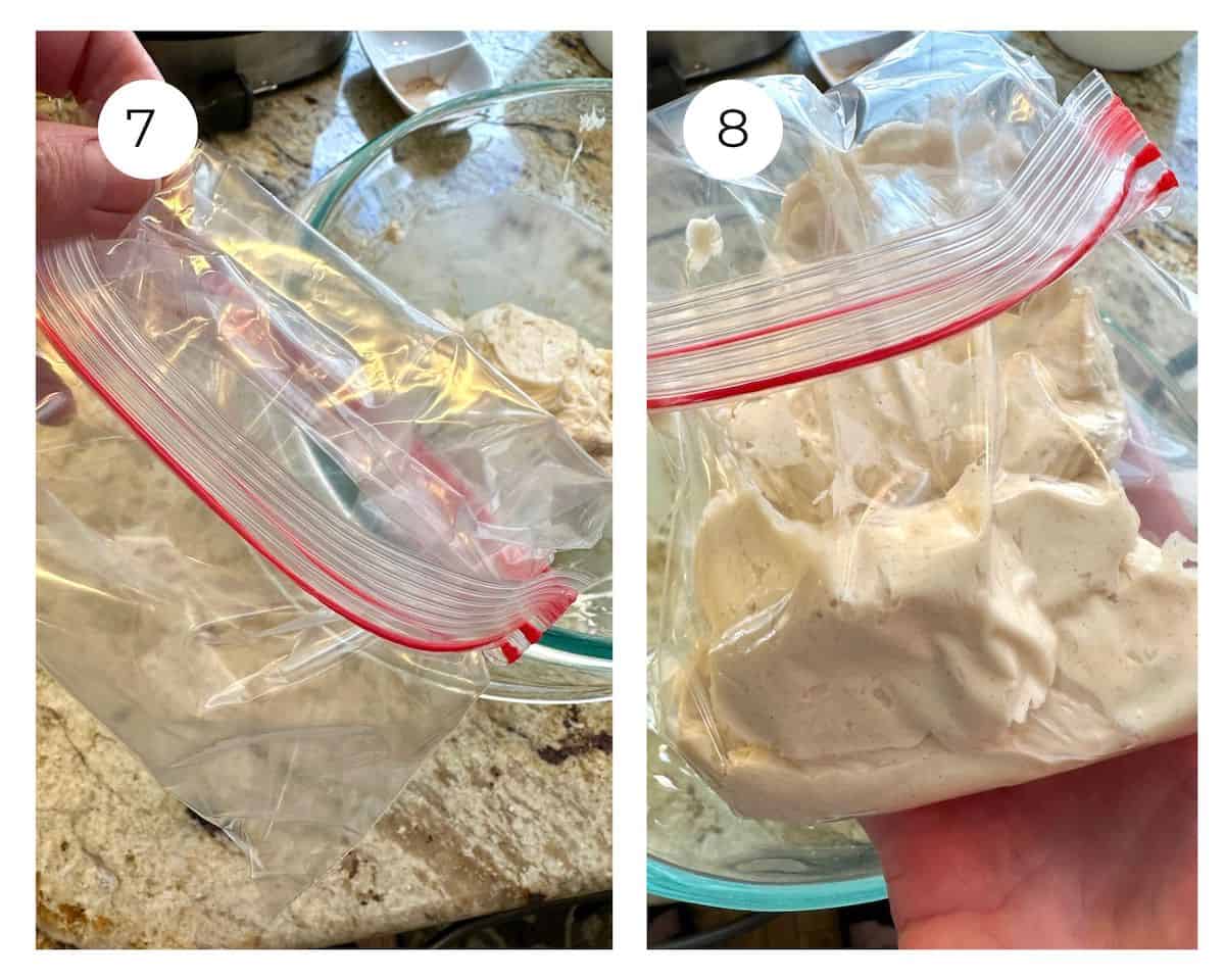 A small plastic bag with the top folded down, and the same bag filled with honey butter.