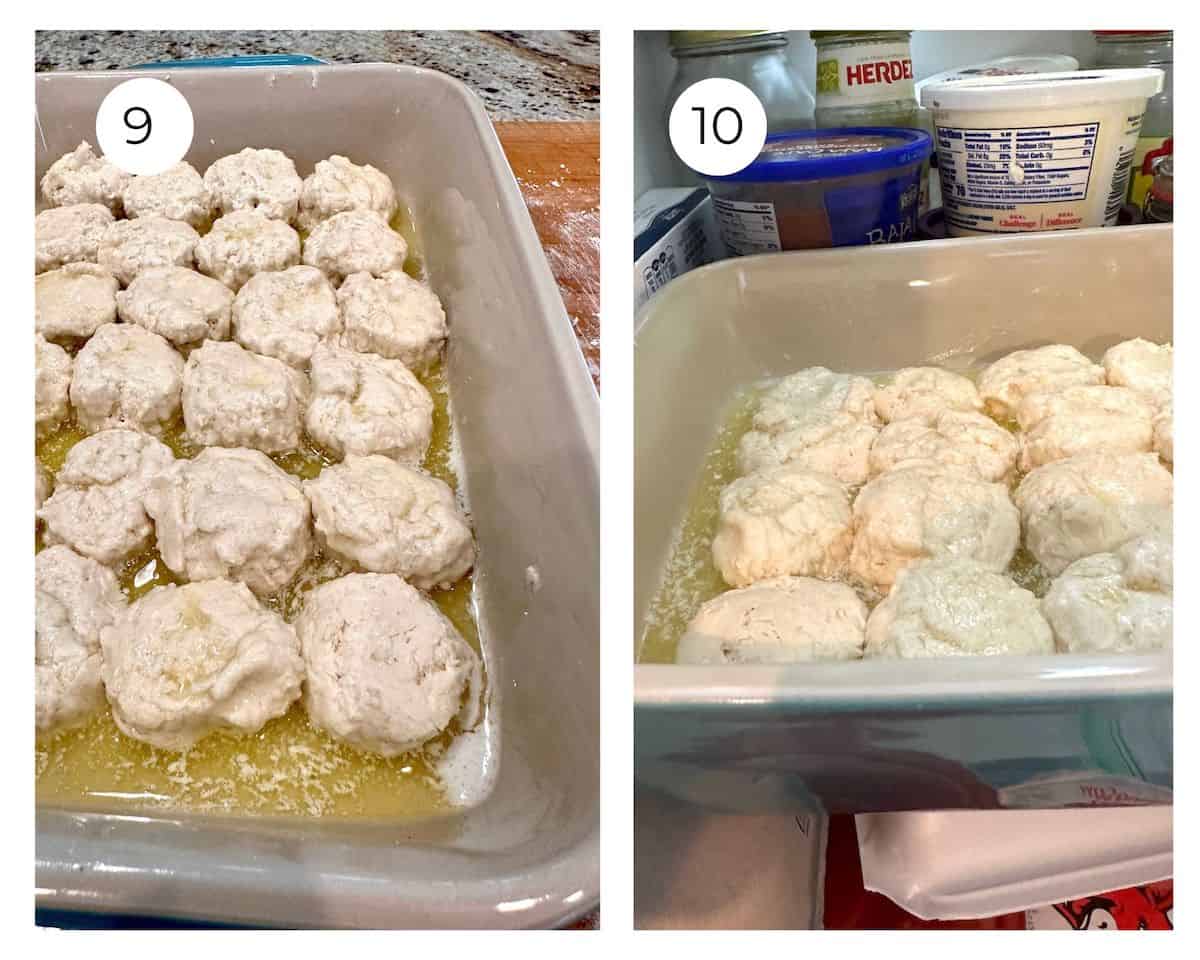 Unbaked biscuits in a baking dish and the dish in the refrigerator.