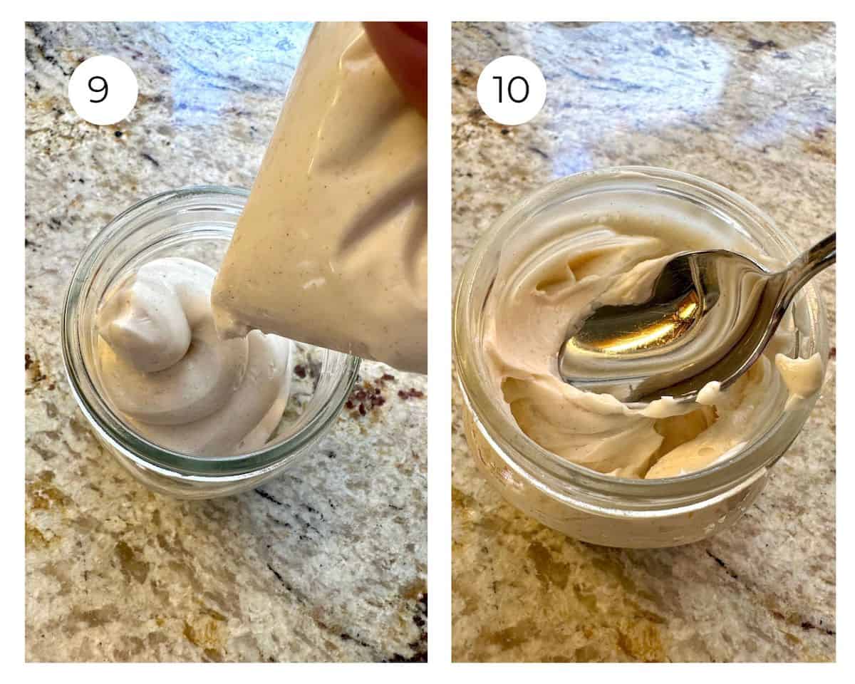 Honey butter being added to a small jar and topped with a spoon.