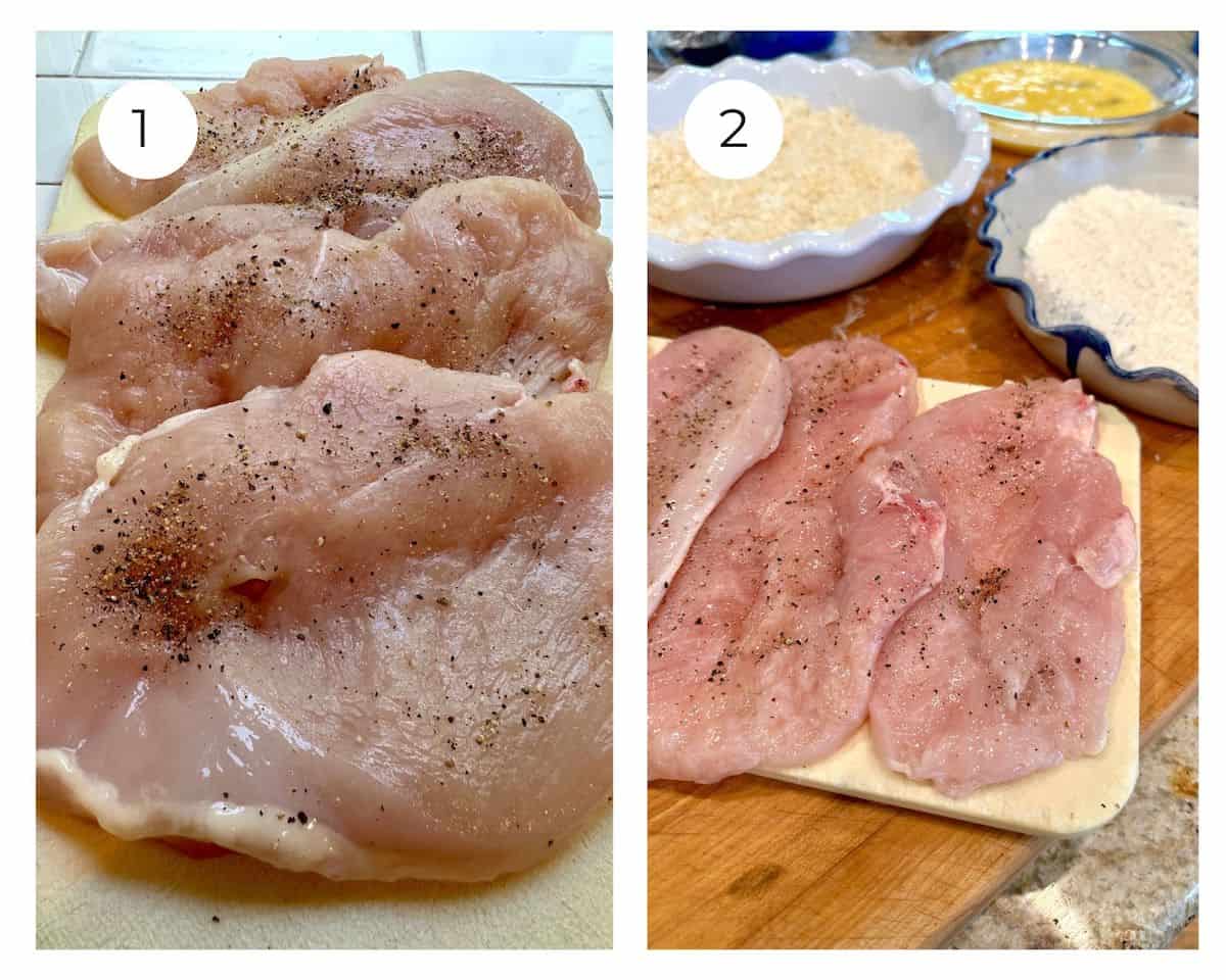 Chicken breasts with salt and pepper with plates of flour, egg and panko crumbs.