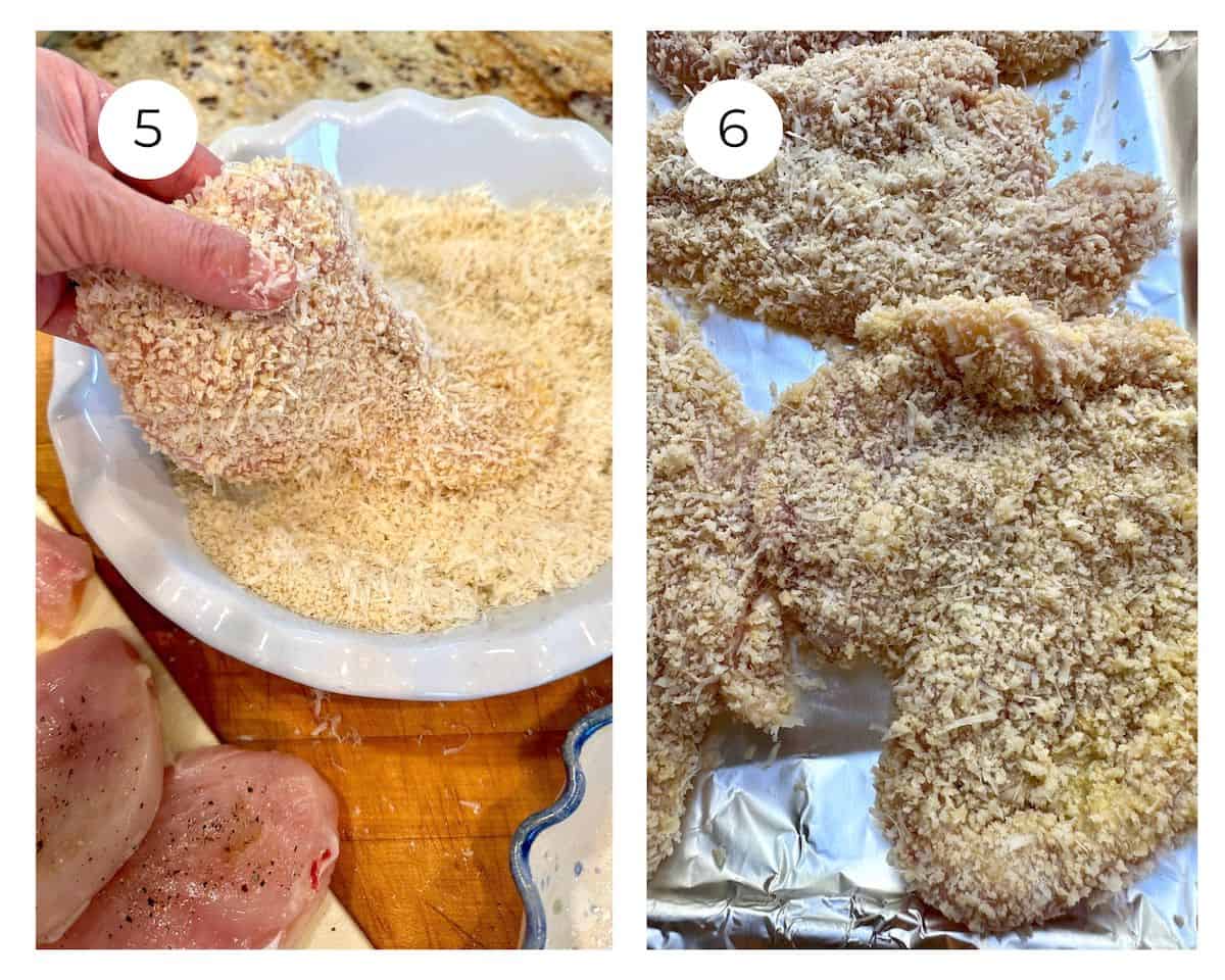 Chicken breasts coated with panko crumbs and arranged on a dish.