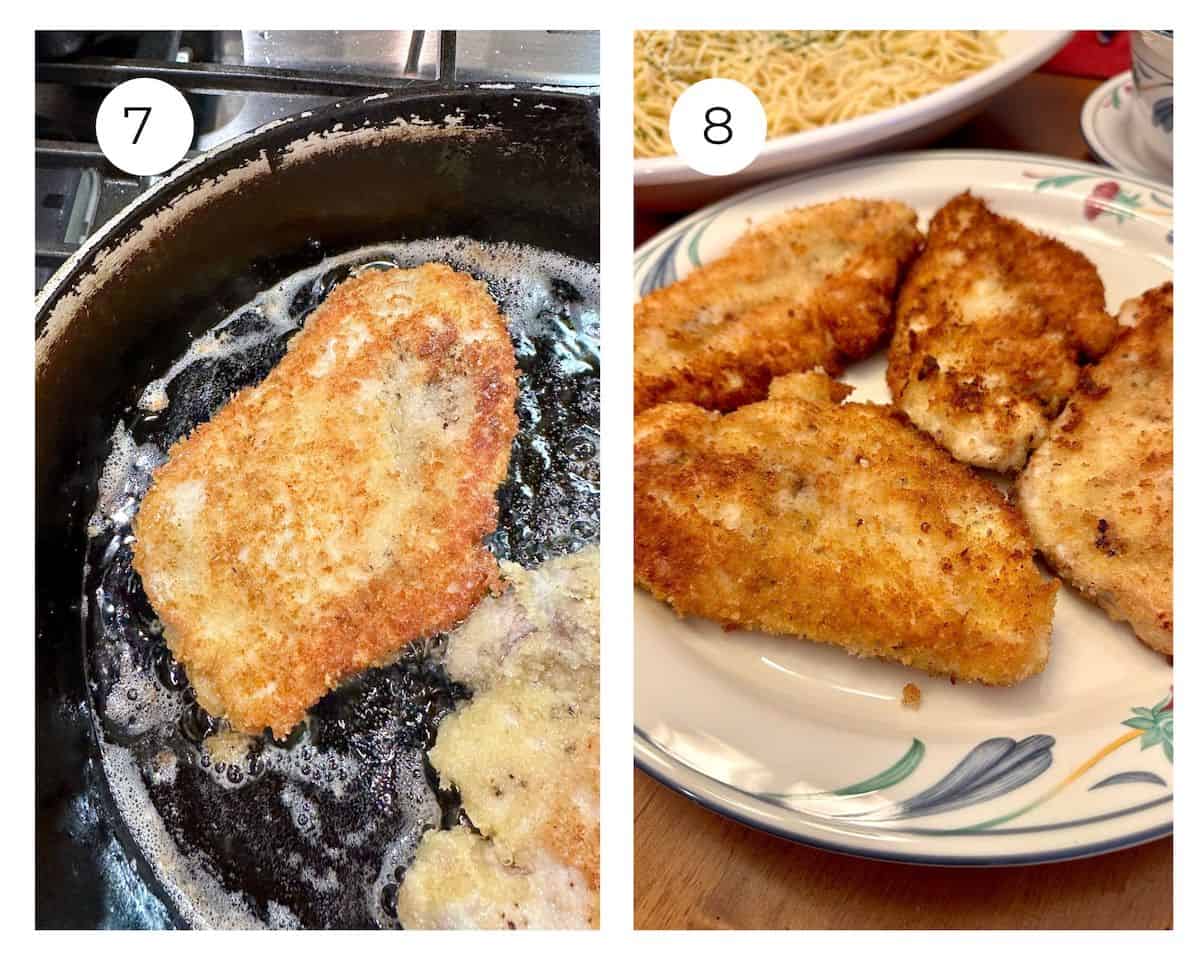 Chicken cooking in a skillet and cooked chicken on a plate.