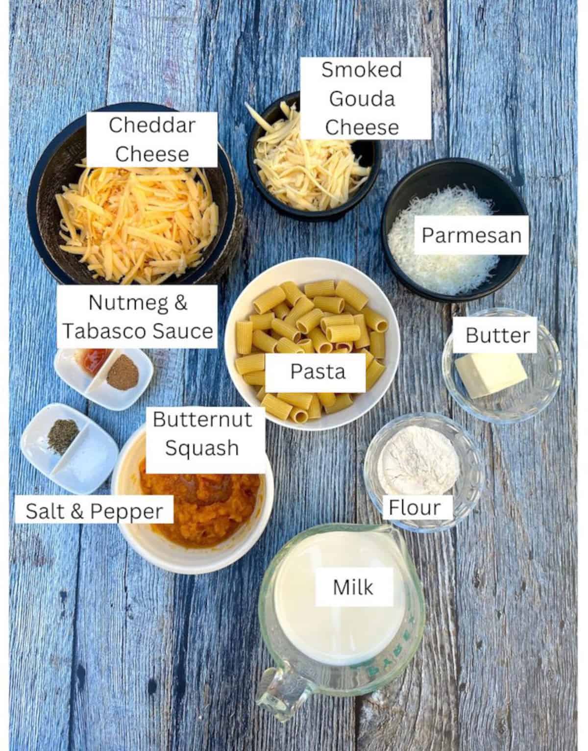 Butternut Squash Mac and Cheese ingredients in small dishes with labels.