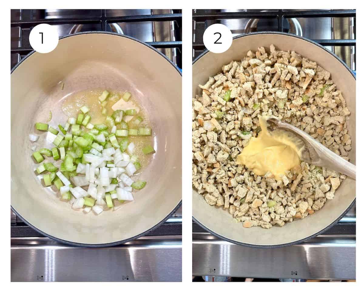 Celery and onion in a pan, adding stuffing mix and soup.