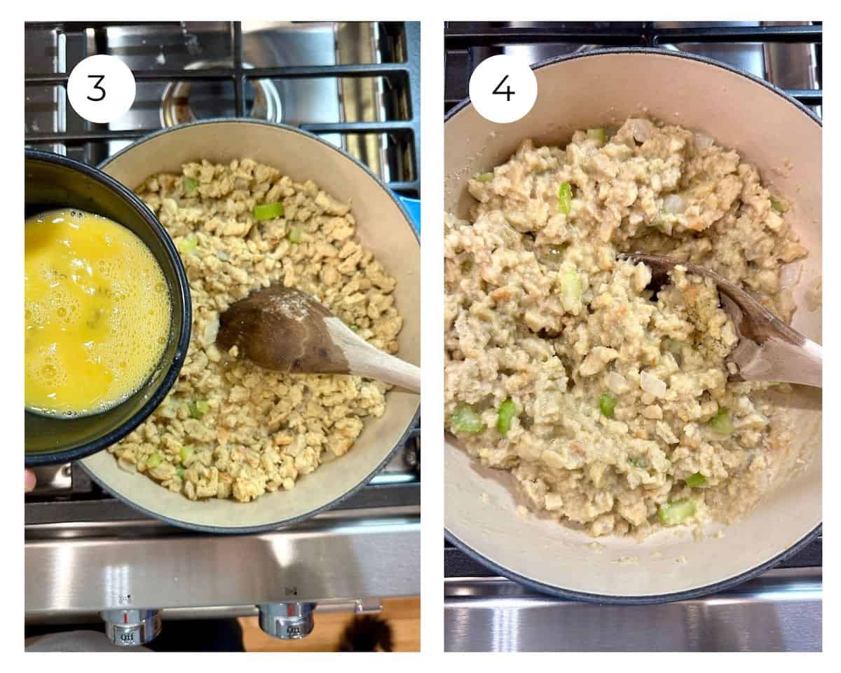 Stuffing in a pan on the stove, adding eggs.