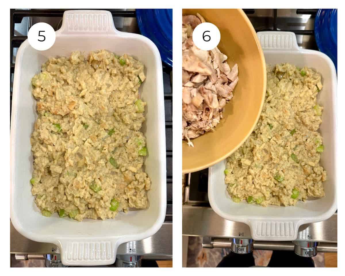 Stuffing in a baking dish, and adding chicken.