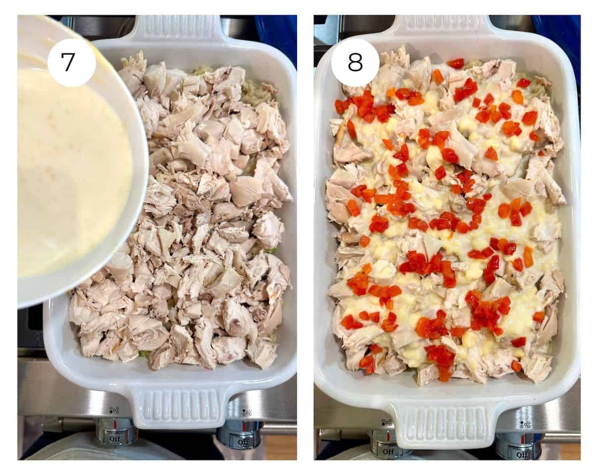 Chicken in a baking dish, and with toppings.