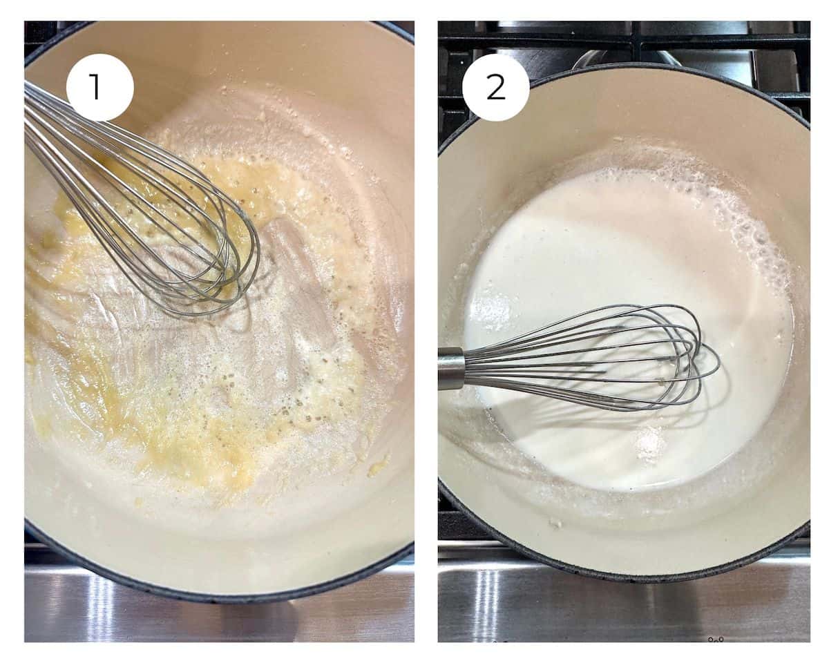 Butter and half and half with a whisk in the pan on the stove.