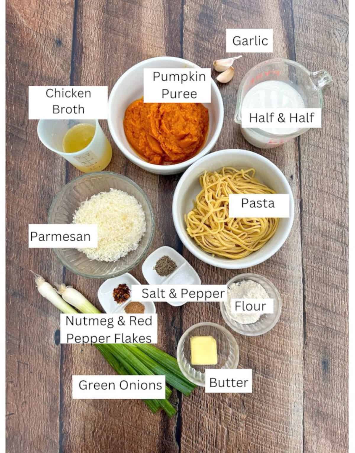 Ingredients for pumpkin pasta sauce with labels for each item.