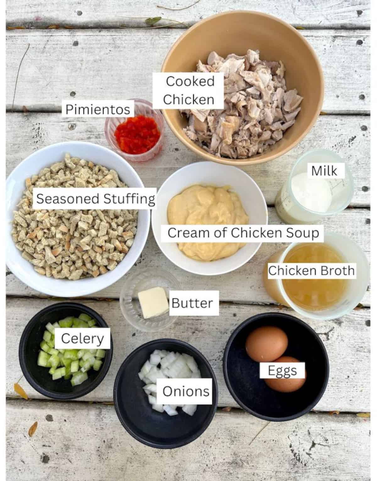 Ingredients in small bowls with labels.