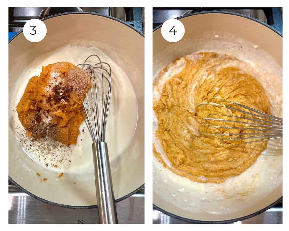 Steps 3 and 4 blending the pumpkin sauce ingredients in a pan on the stove with a whisk.