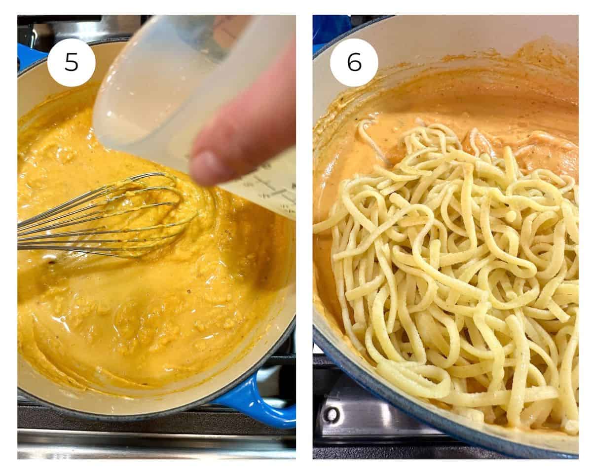 Steps 5 and 6 to make pumpkin pasta sauce.