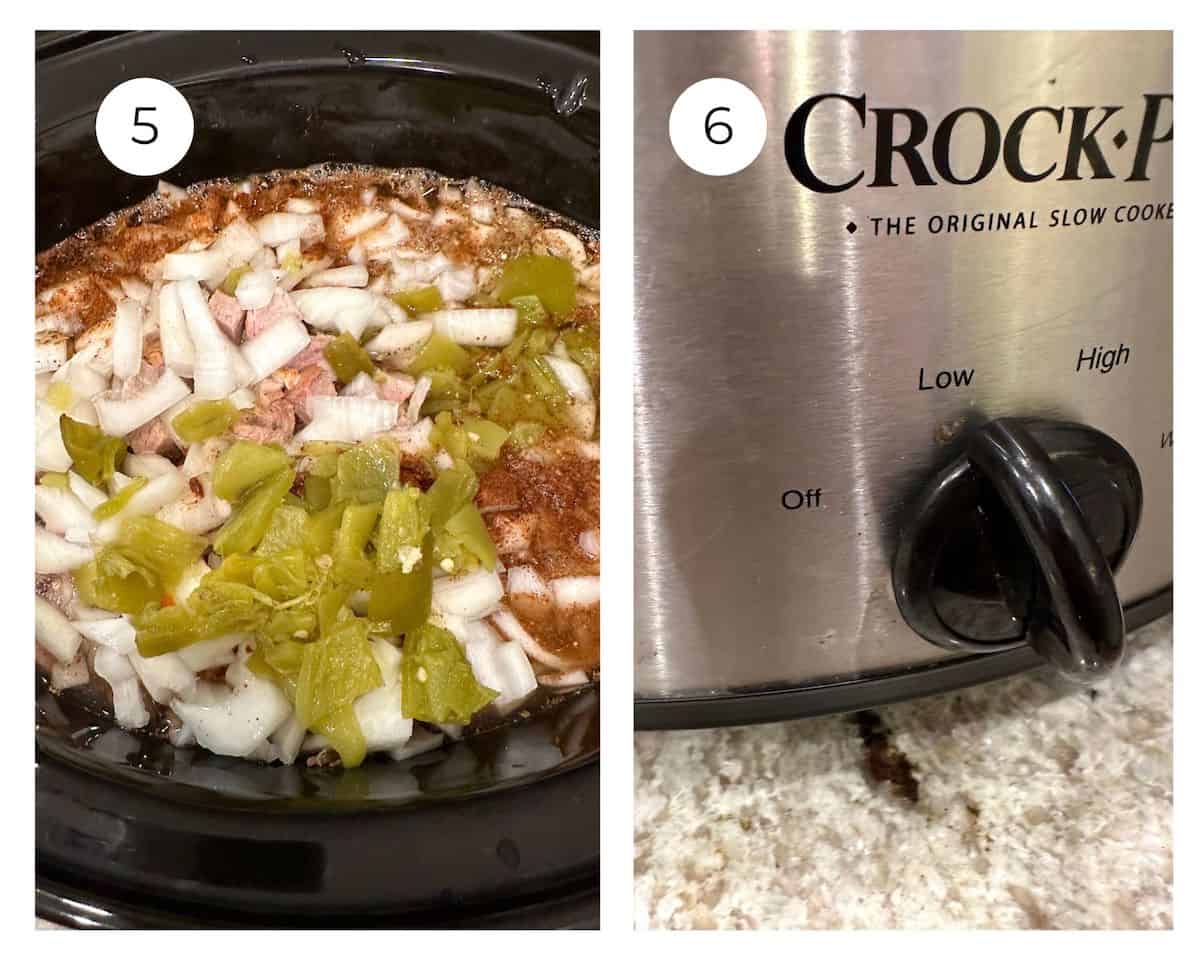 Ingredients for the chii in a Crockpot and the knob on the slow cooker turned to low.