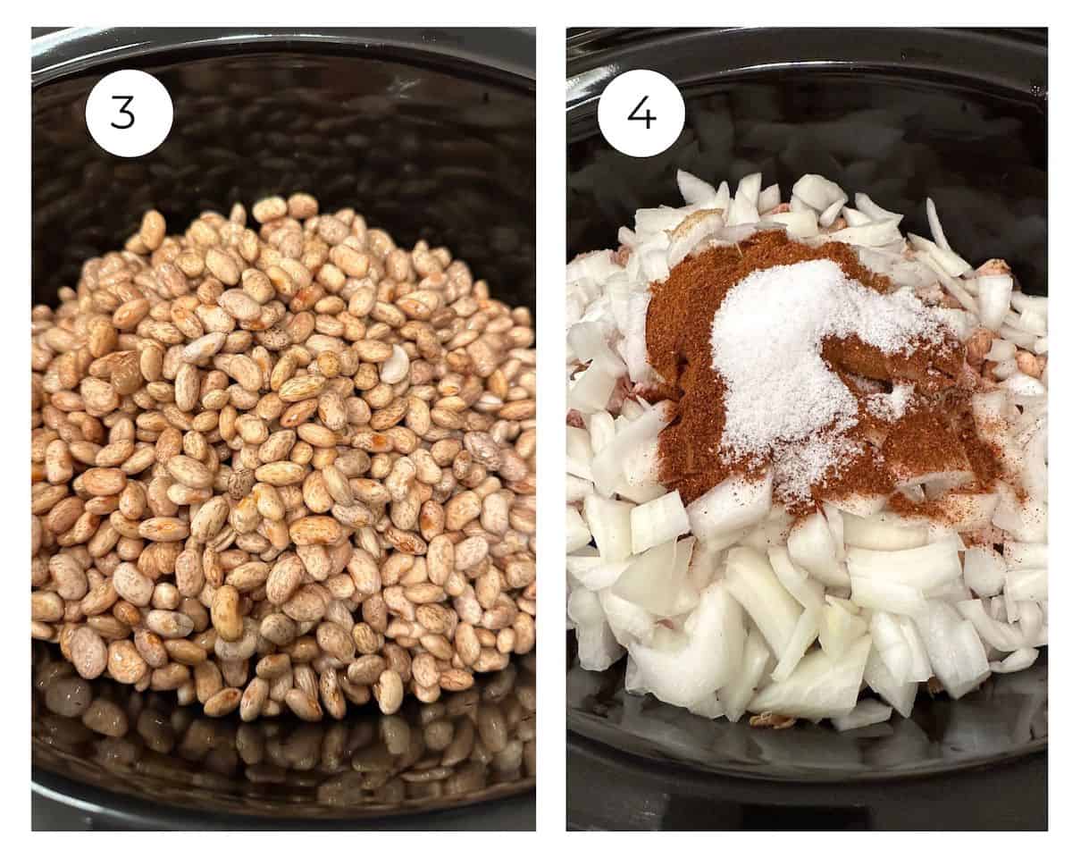 Pinto beans in a slow cooker with onions and spices on top.