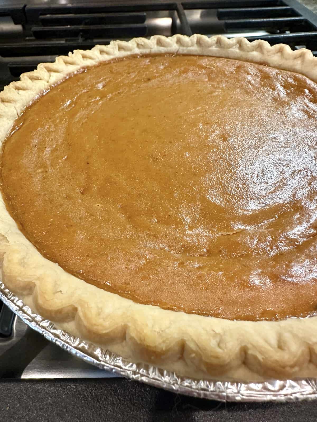 A baked pumpkin pie.