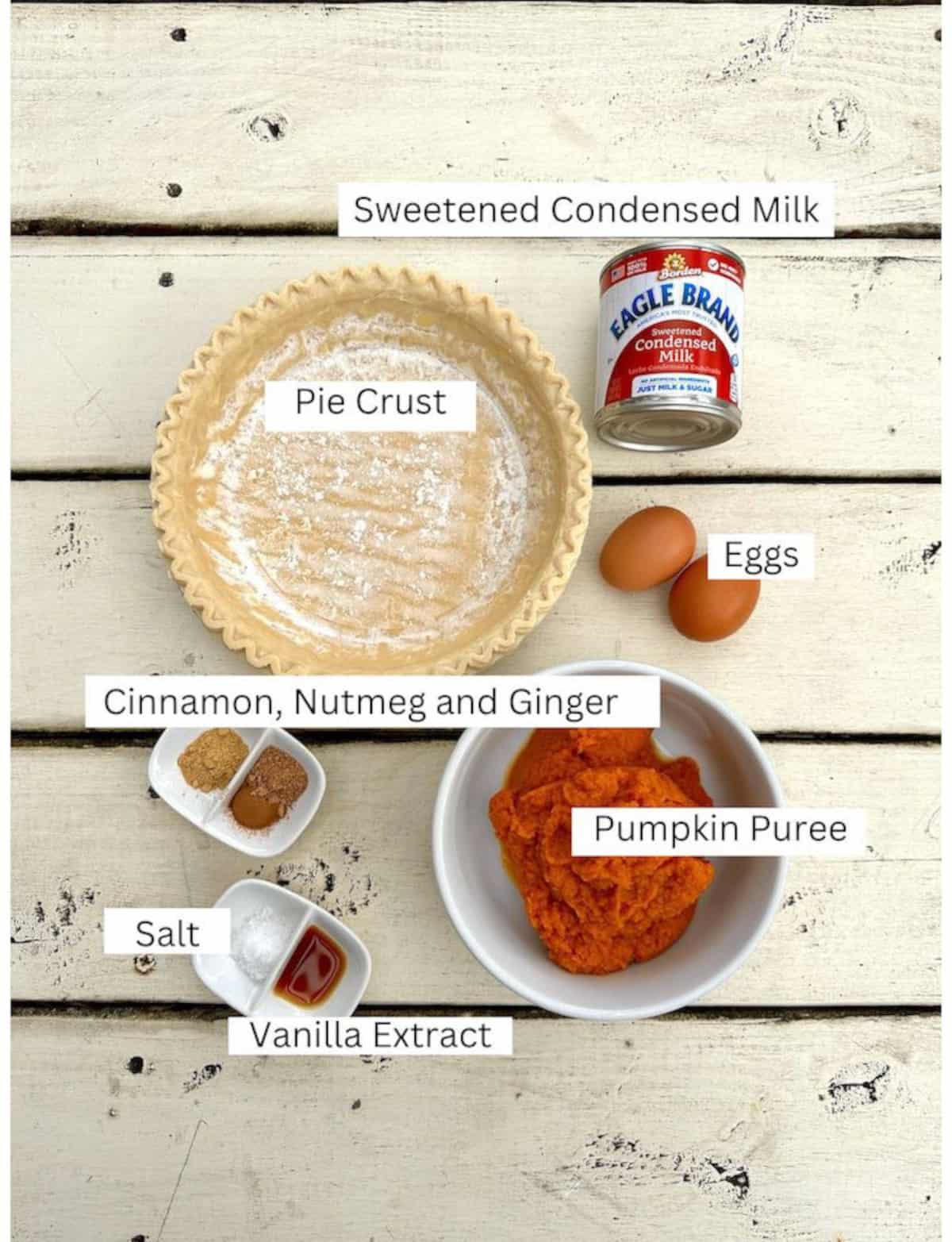 Ingredients for pumpkin pie in small bowls on a table.