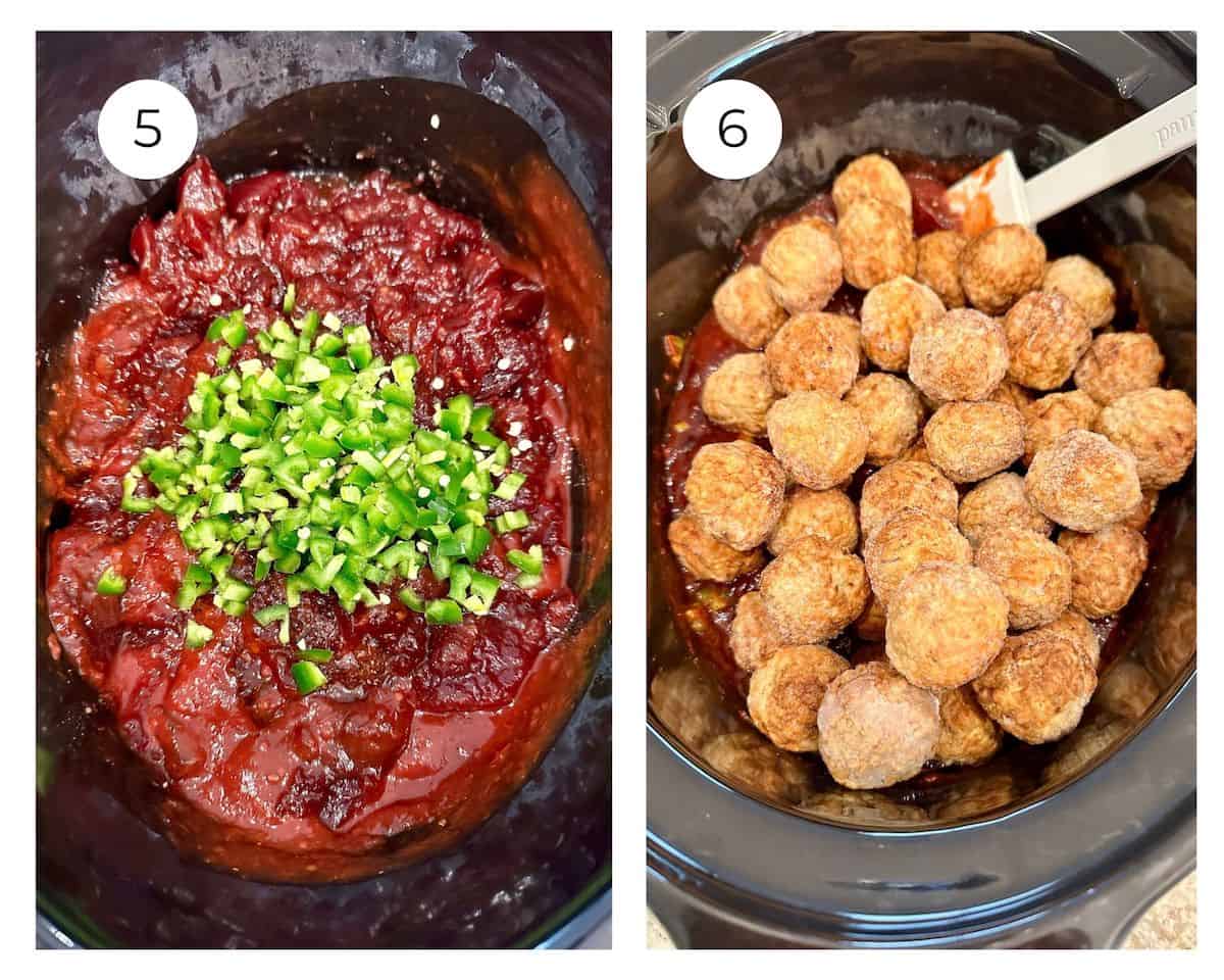 Cranberry sauce with chili sauce and diced peppers in a slow cooker with frozen meatballs.