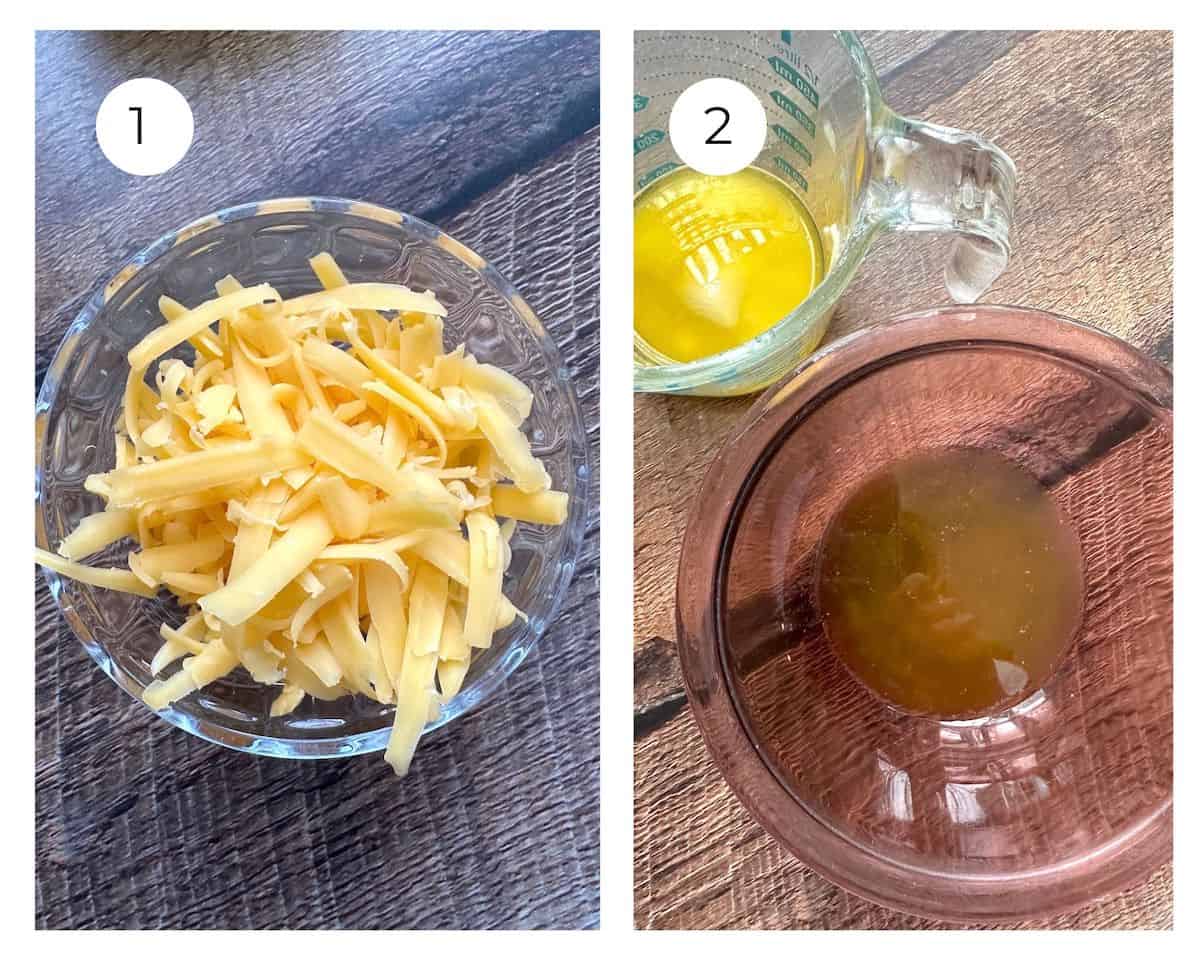 Grated cheese and melted butter in small bowls.