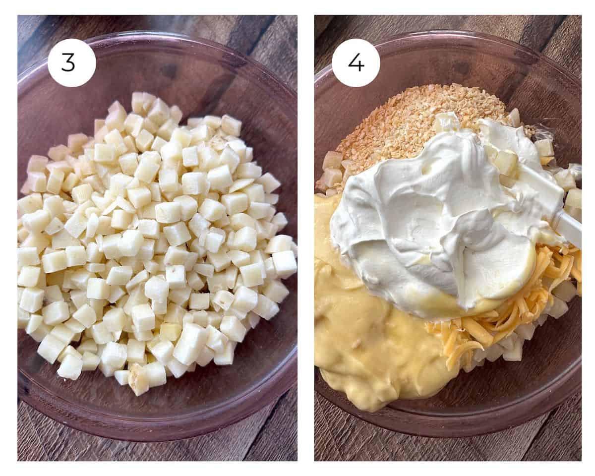 Frozen potatoes in a bowl, with ingredients added.