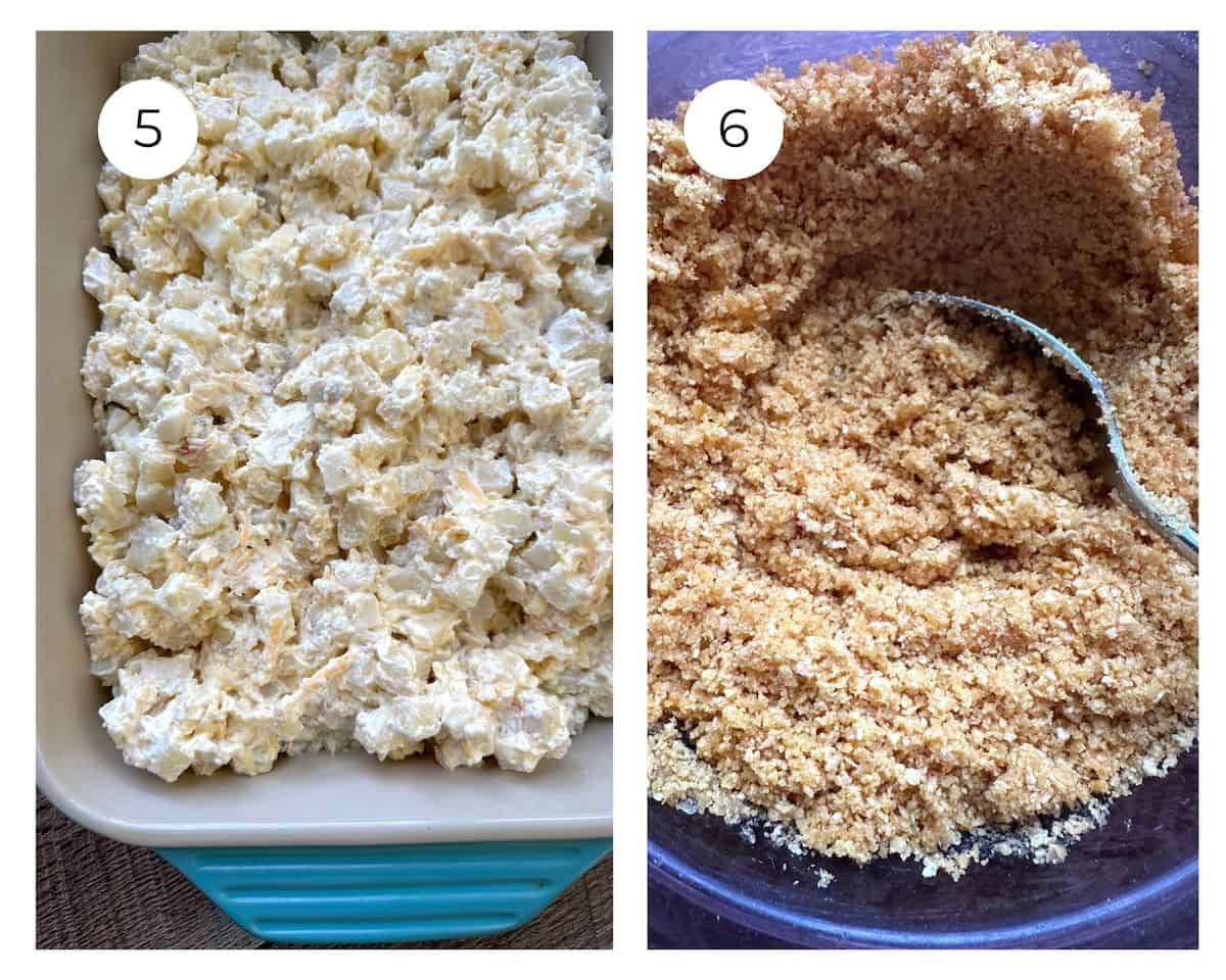 Unbaked potatoes in a dish and the crumb topping in a bowl with a spoon.