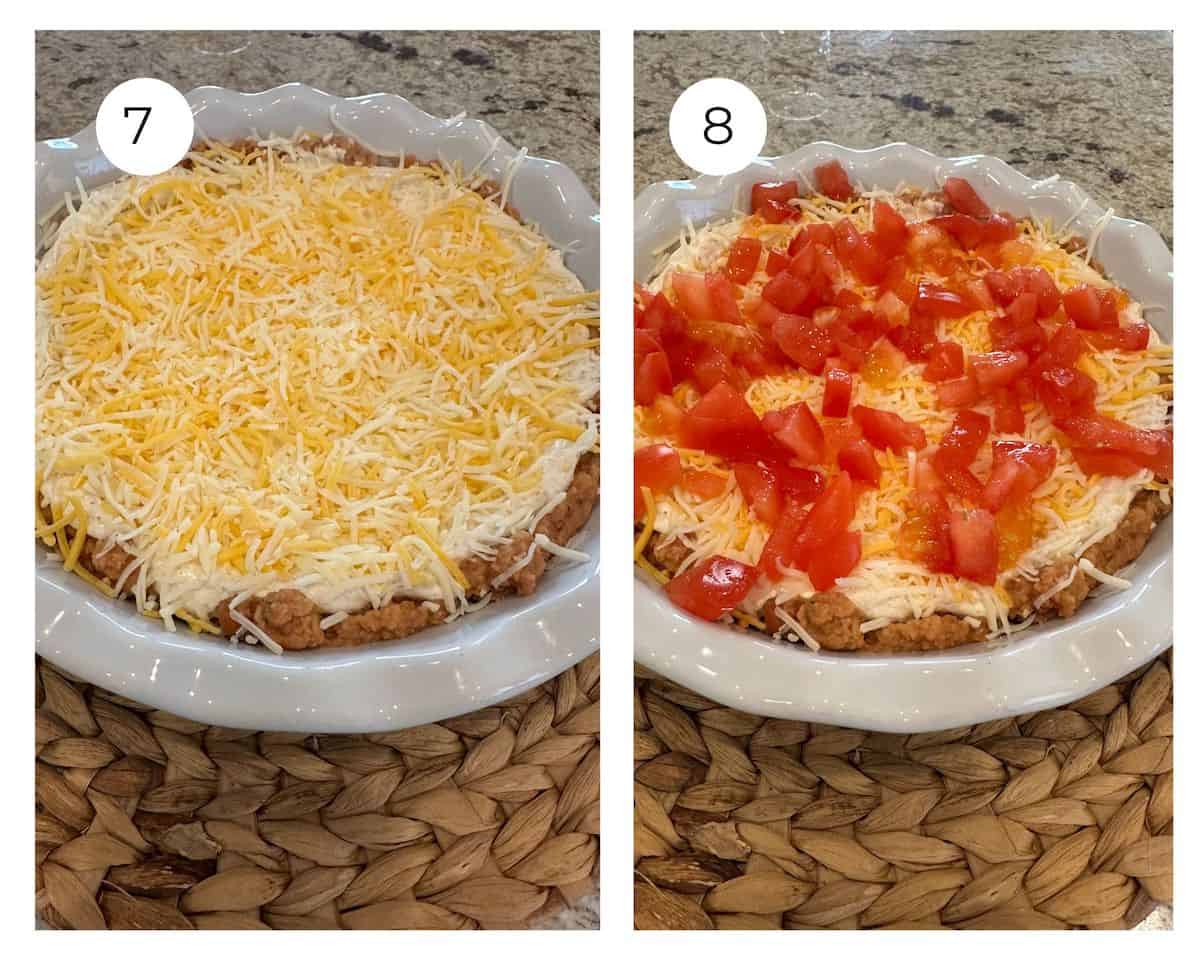 Taco dip with shredded cheese and diced tomatoes.