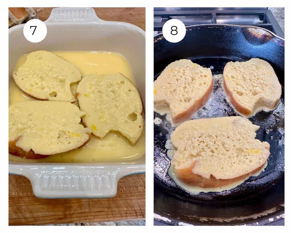 Slices of french toast in a buttermilk and egg mixture in a dish and each slice in a skillet.