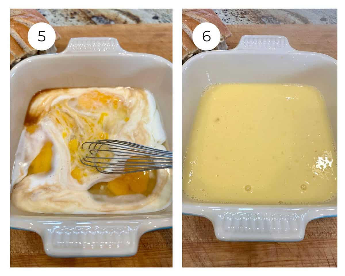 Whisked buttermilk and eggs in a dish.