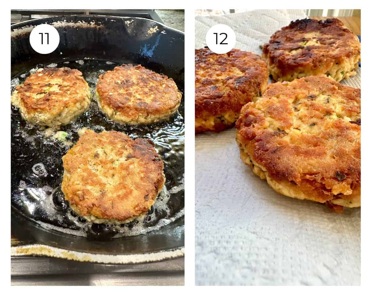 Salmon patties in oil in a skillet and on a paper towel.