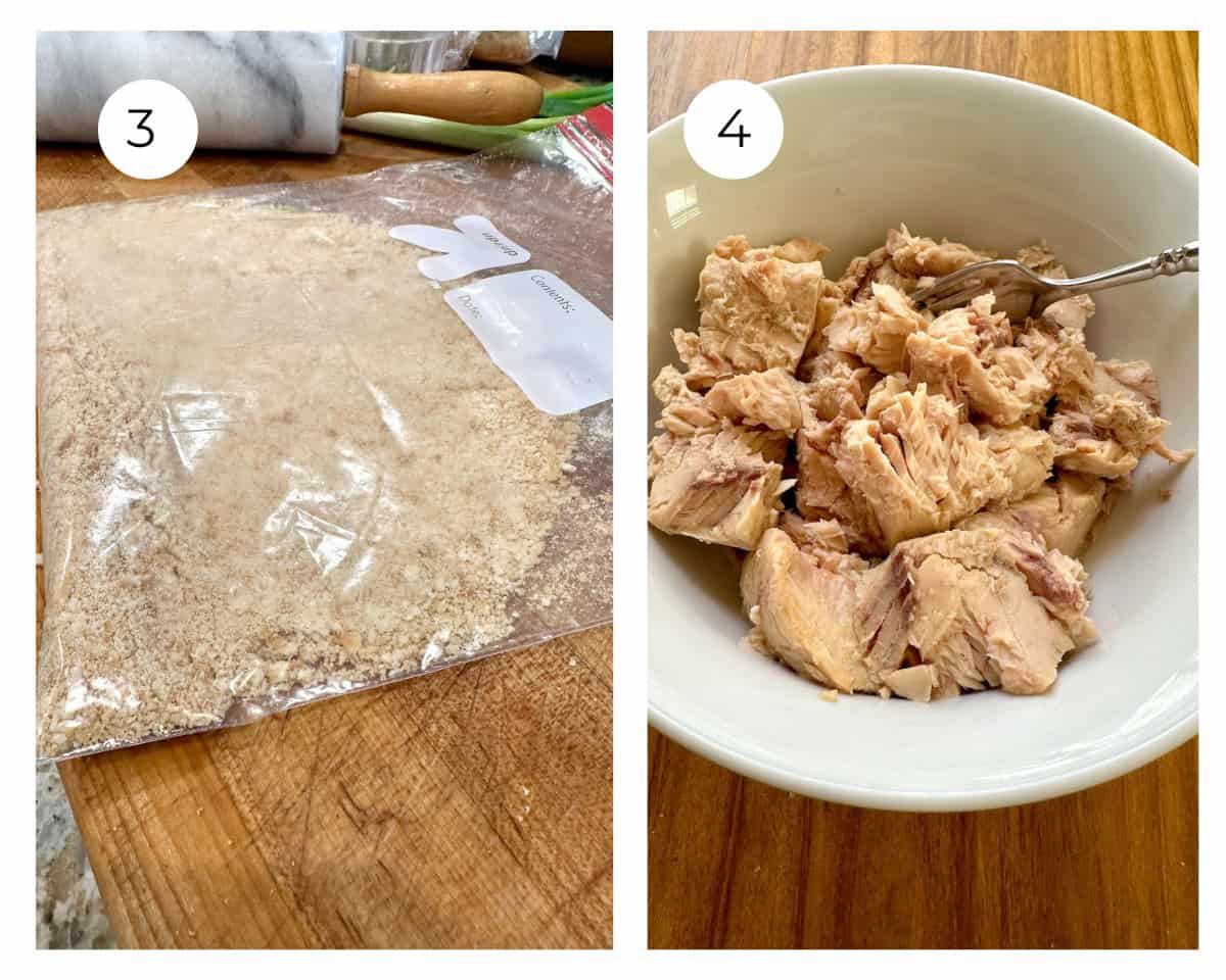 Crushed cracker crumbs in a bag and flaked salmon in a bowl.